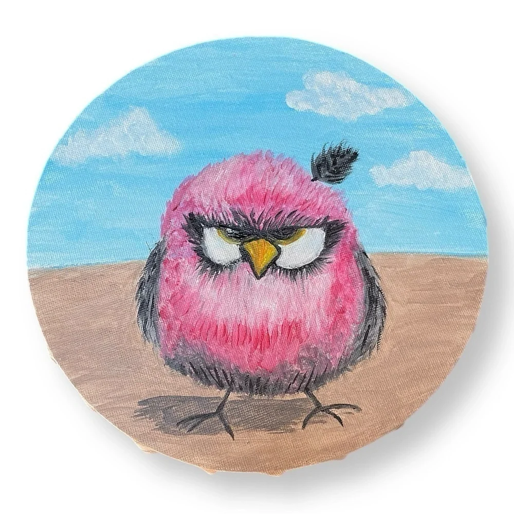 Handmade acrylic painting round grumpy bird